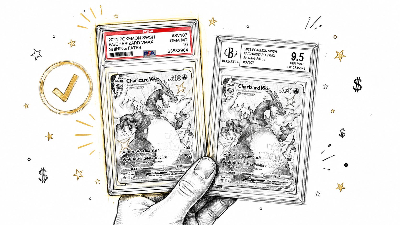 A hand holding two sketches of graded Charizard VMAX Pokemon cards with PSA and Beckett labels.