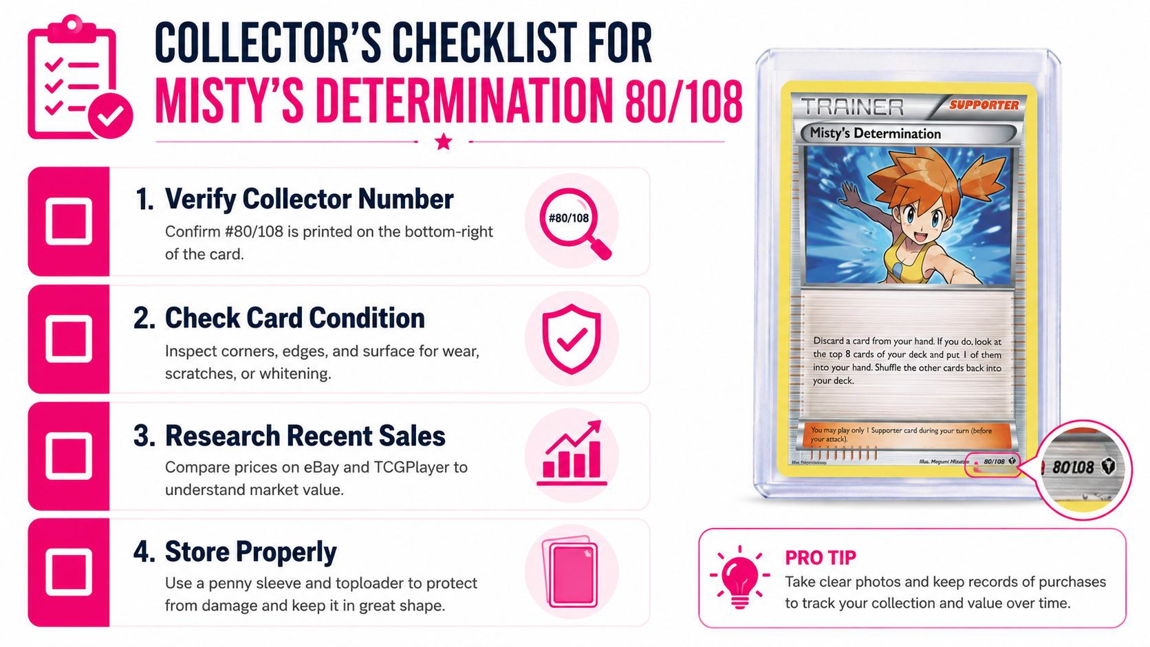 A collector checklist infographic for the Misty's Determination 80/108 Pokemon card showing inspection and storage tips.