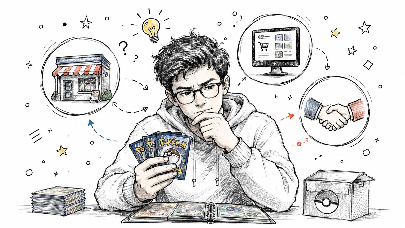 A young person thoughtfully considering options for selling their Pokemon card collection, including local stores and online.
