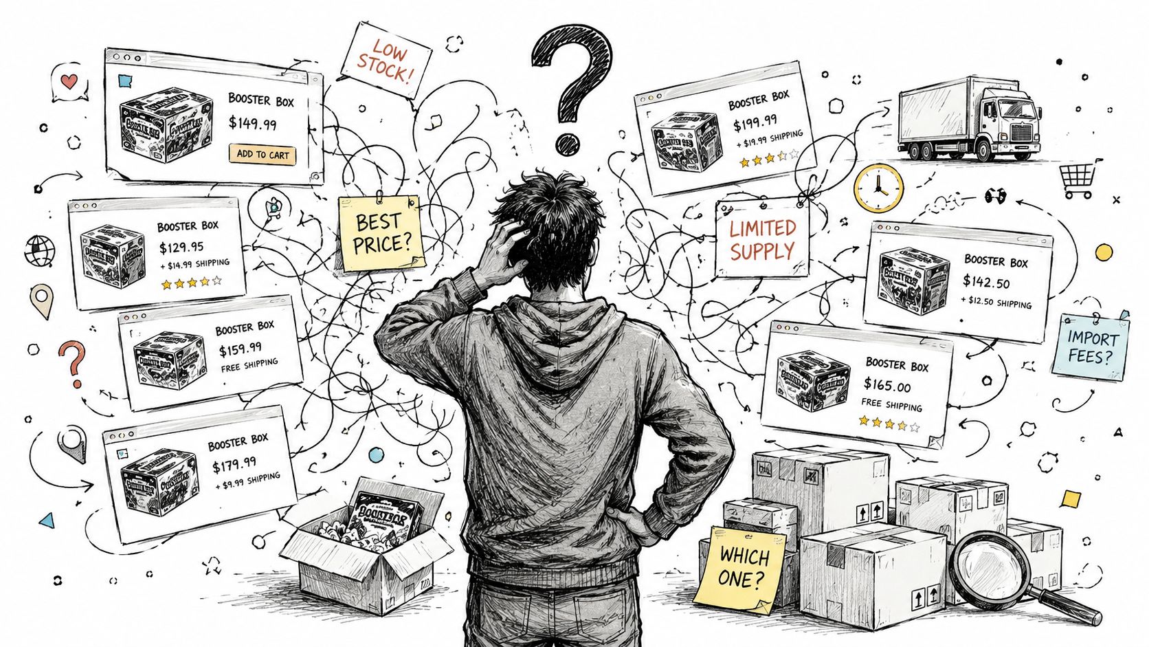 A confused person surrounded by various online store listings for booster boxes comparing prices and shipping costs.