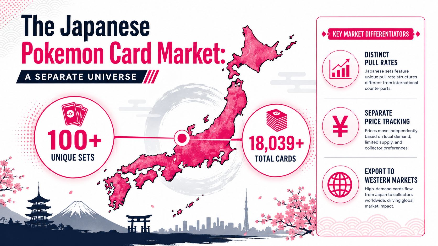 An infographic titled The Japanese Pokemon Card Market featuring statistics and key market differentiators for collectors.