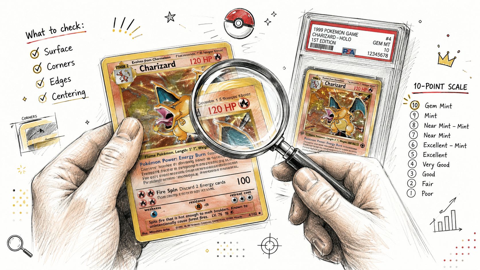 A hand holding a Charizard Pokémon card under a magnifying glass next to a graded PSA card.