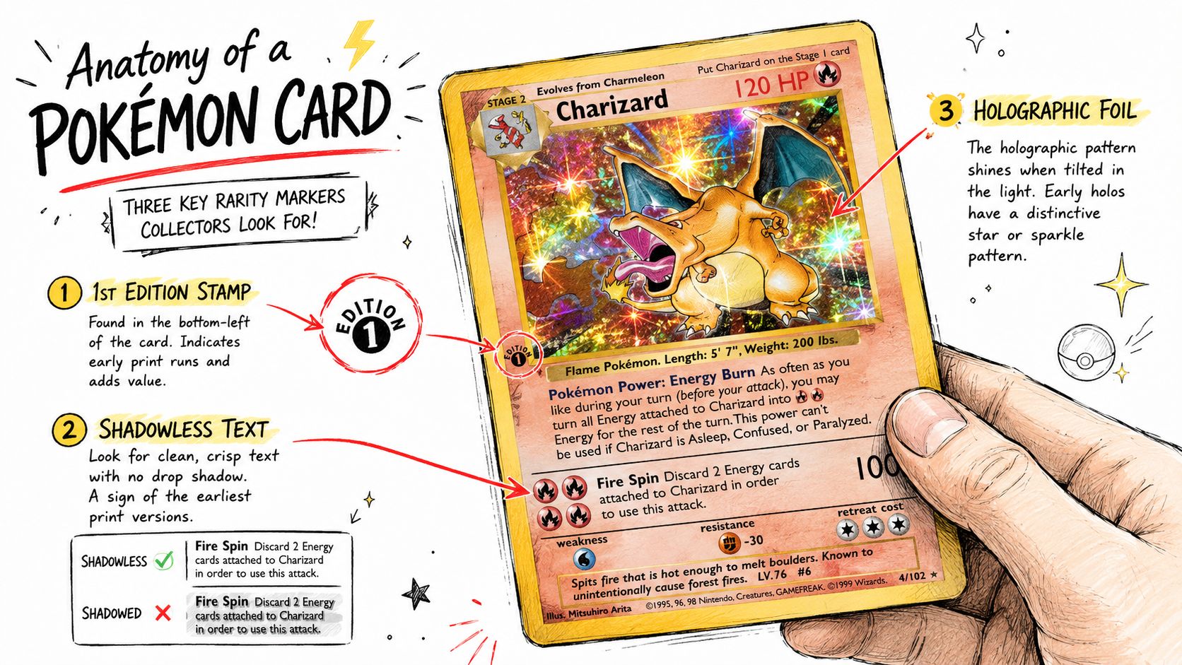 An illustrated guide showing collectors how to identify the value of rare vintage first edition Charizard Pokémon cards.