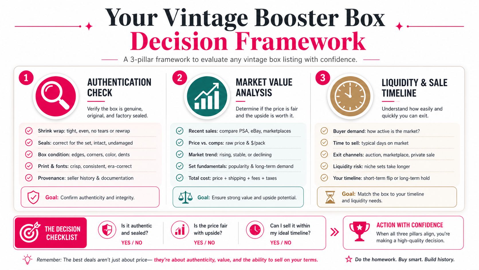 A visual guide outlining a three-pillar decision framework for evaluating vintage booster box collectibles and investments.