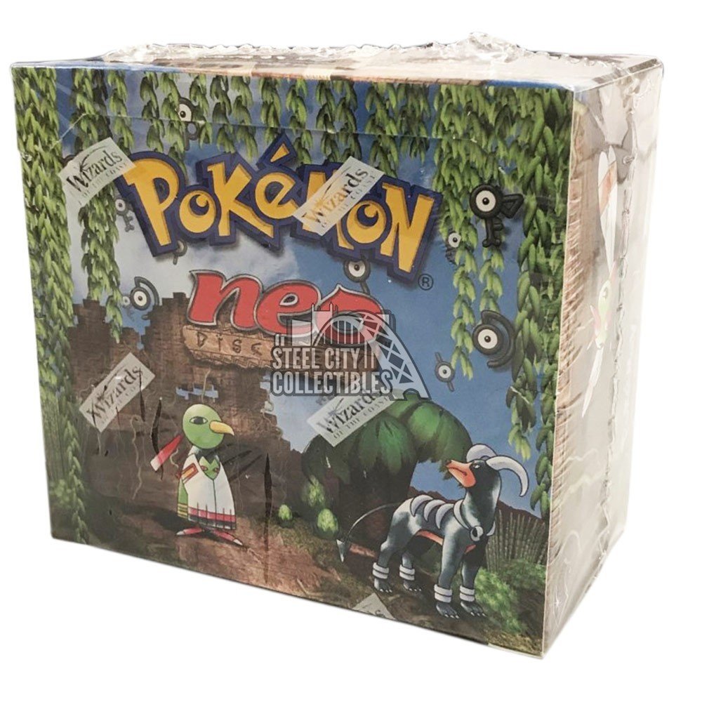 A sealed Pokémon Neo Discovery booster box featuring Smeargle, Houndour, and Unown.