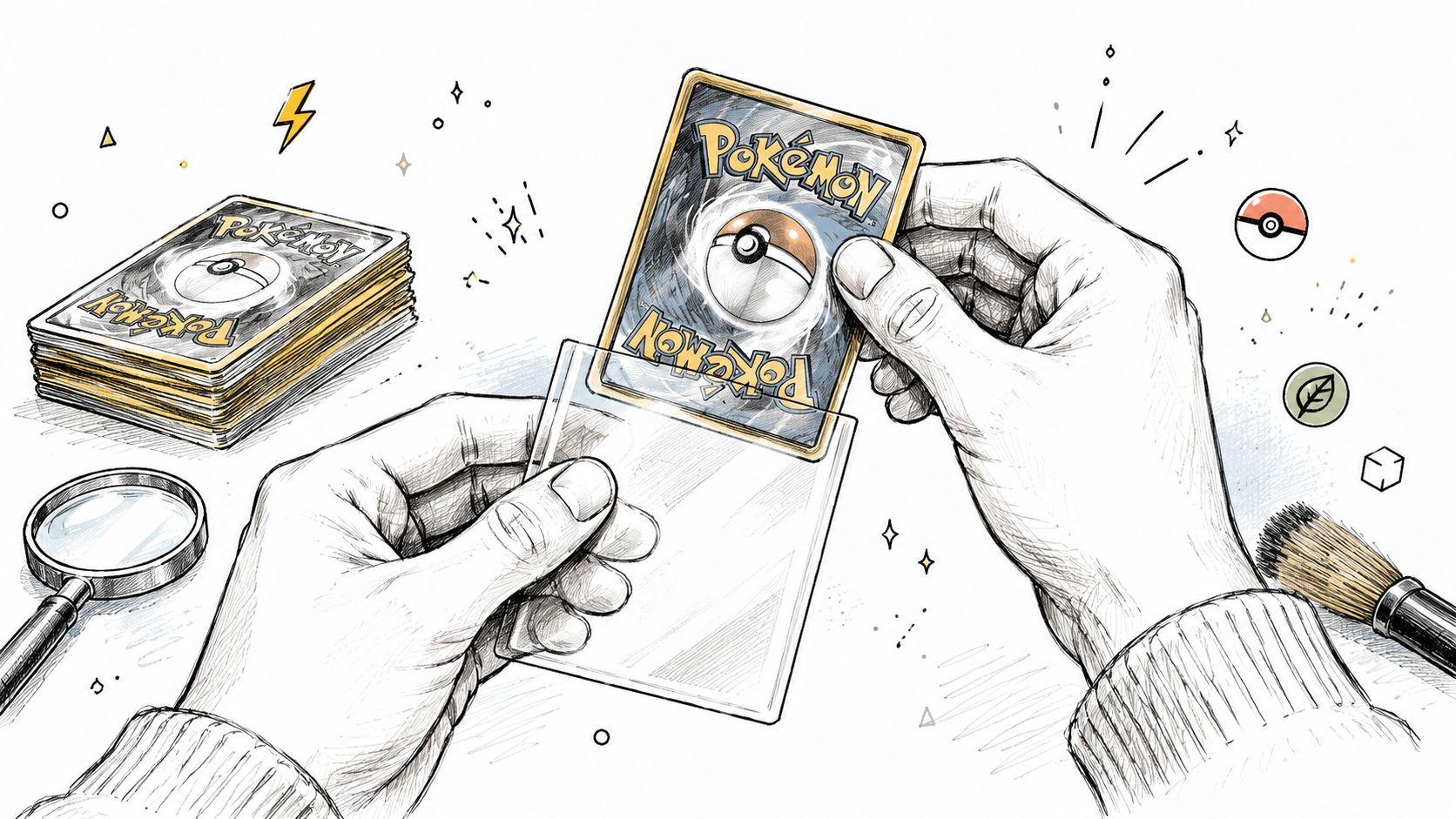 A detailed sketch of someone carefully inserting a Pokemon trading card into a protective plastic sleeve.