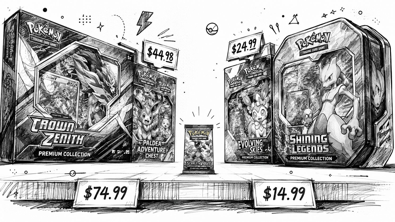 A pencil-style illustration displaying various Pokémon Trading Card Game products with different price tags attached.