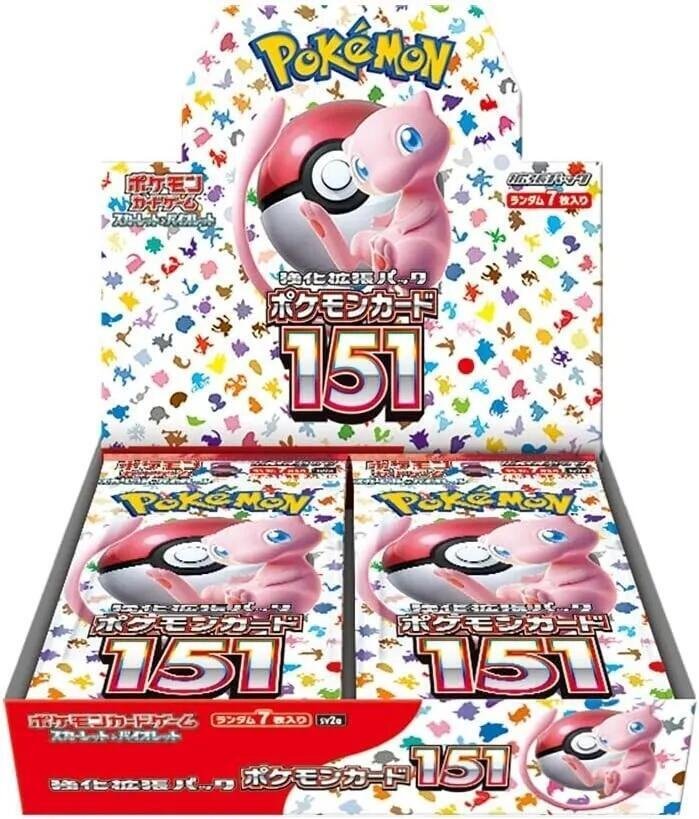 A display box full of Pokémon Card 151 booster packs, featuring Mew and a Poké Ball.