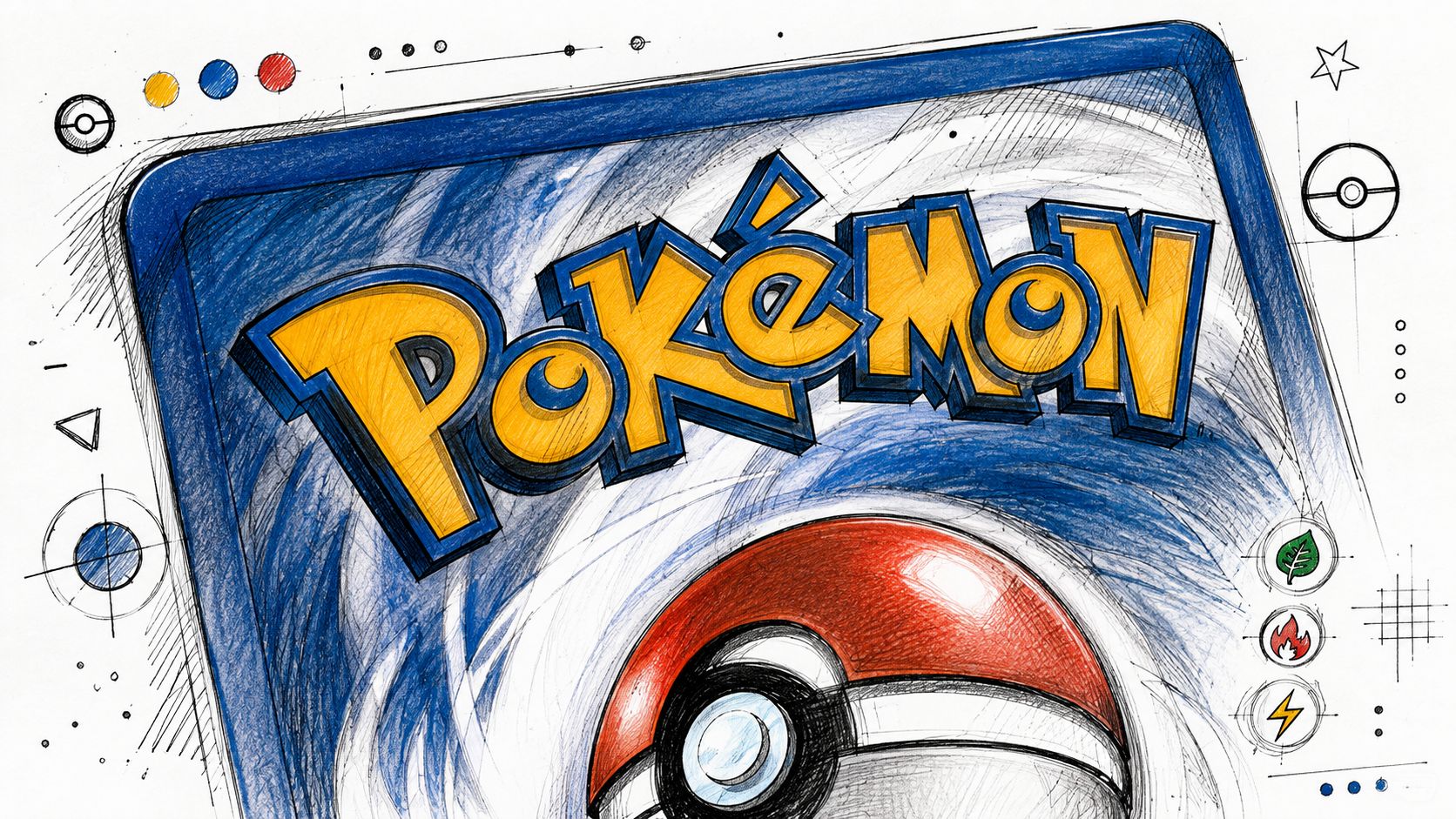 A pencil-style sketch of the iconic blue and yellow Pokemon logo with a Pokeball illustration.