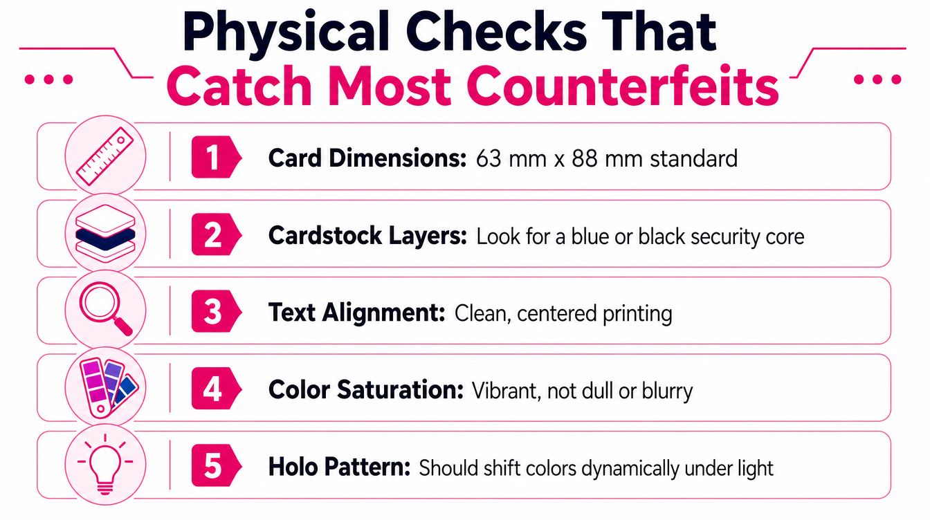 An infographic detailing five physical checks for identifying counterfeit playing cards, featuring icons and text descriptions.