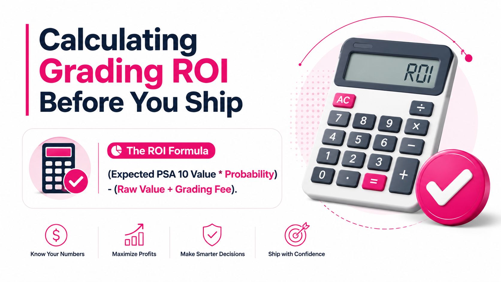 An educational infographic illustrating the formula for calculating the return on investment for grading collectible cards.