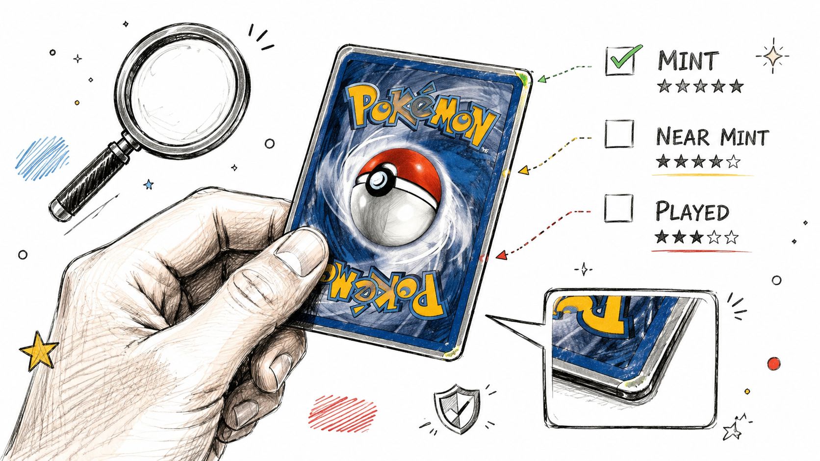 A hand holding a Pokemon card with a magnifying glass illustration showing card condition and grading criteria.