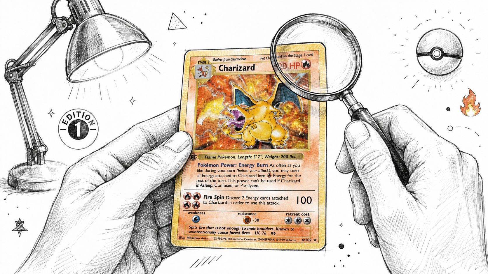 A pencil sketch of hands examining a vintage 1st edition Charizard Pokemon card with a magnifying glass.