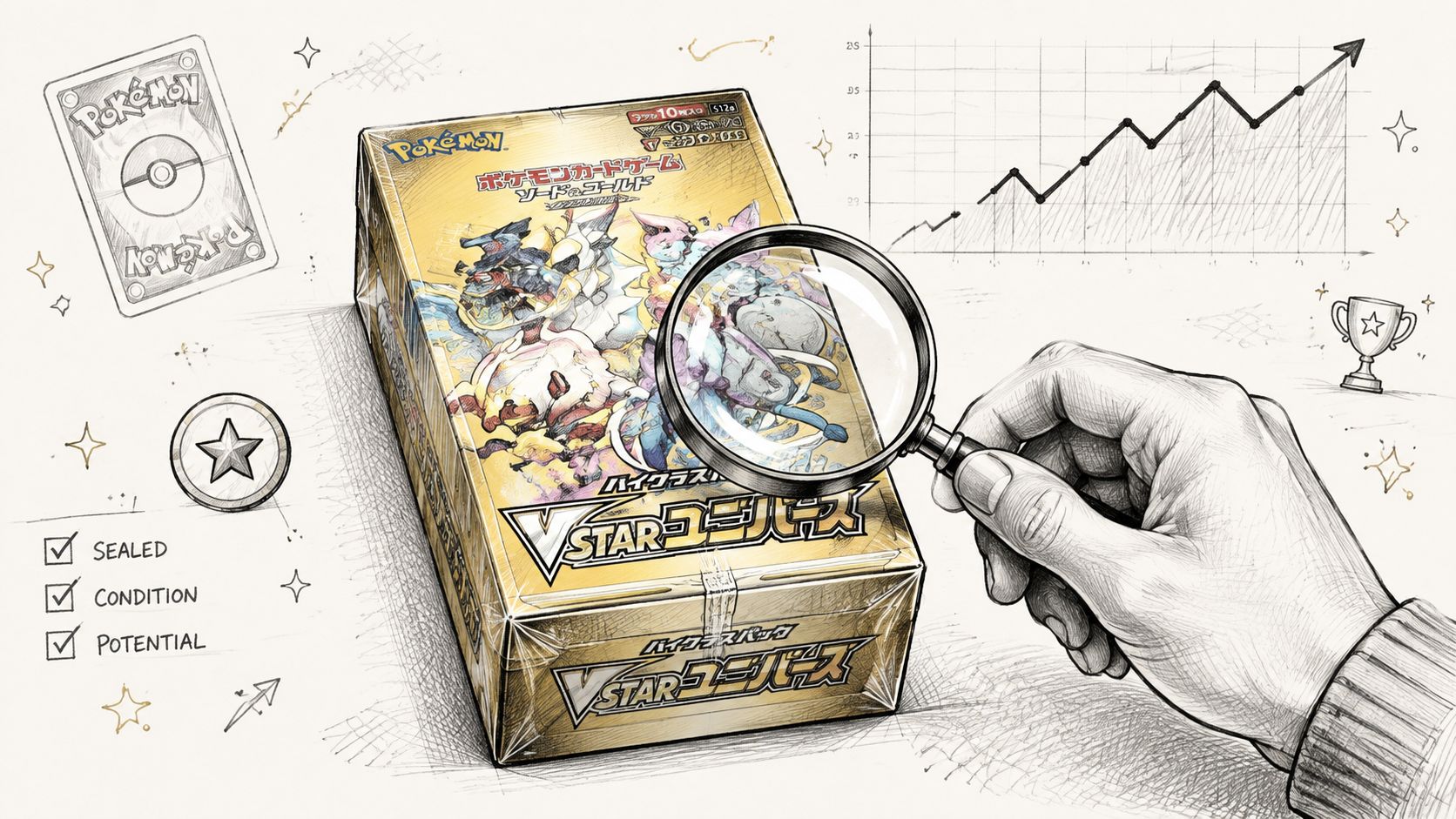 A hand holding a magnifying glass over a Japanese Pokemon VSTAR Universe booster box sketch.