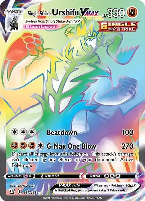 A colorful Single Strike Urshifu VMAX Pokémon card featuring a large, vibrant Urshifu with 330 HP.