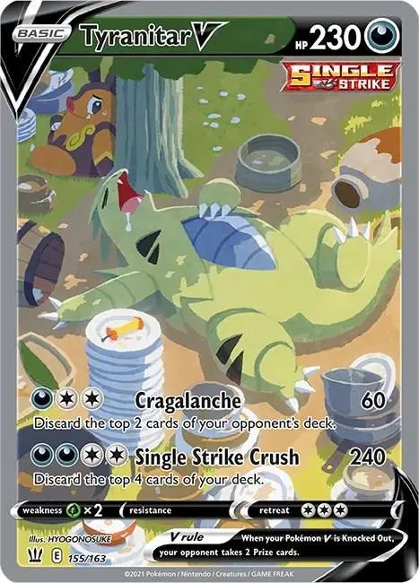 A Tyranitar V Pokémon card showing a satisfied Tyranitar amidst overturned food, with a crying Phanpy.