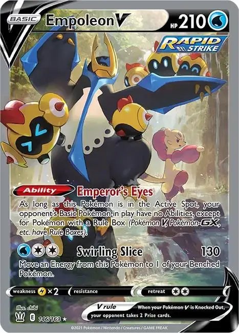 Empoleon V Pokémon card, a Rapid Strike Basic V card with 210 HP and Emperor's Eyes ability.