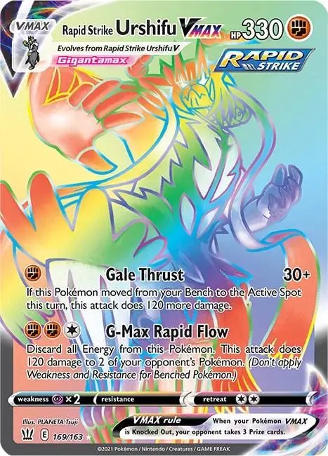 A colorful Pokémon VMAX card depicting Rapid Strike Urshifu with its attacks and stats.