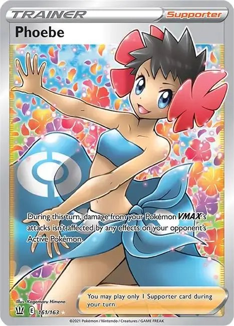 Full art Pokémon Trainer card "Phoebe" with her in a blue outfit surrounded by flowers.
