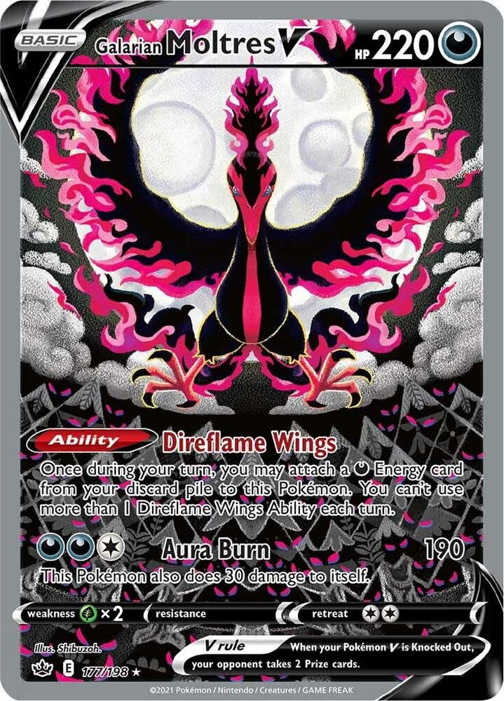 Full art Pokémon card of Galarian Moltres V, a legendary bird Pokémon with black body and vibrant pink fiery wings.