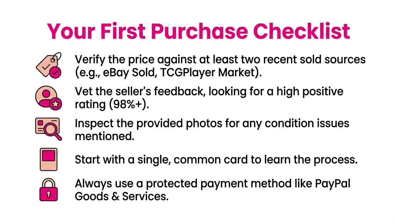 A checklist titled Your First Purchase Checklist with five tips for buying collectible cards safely online.